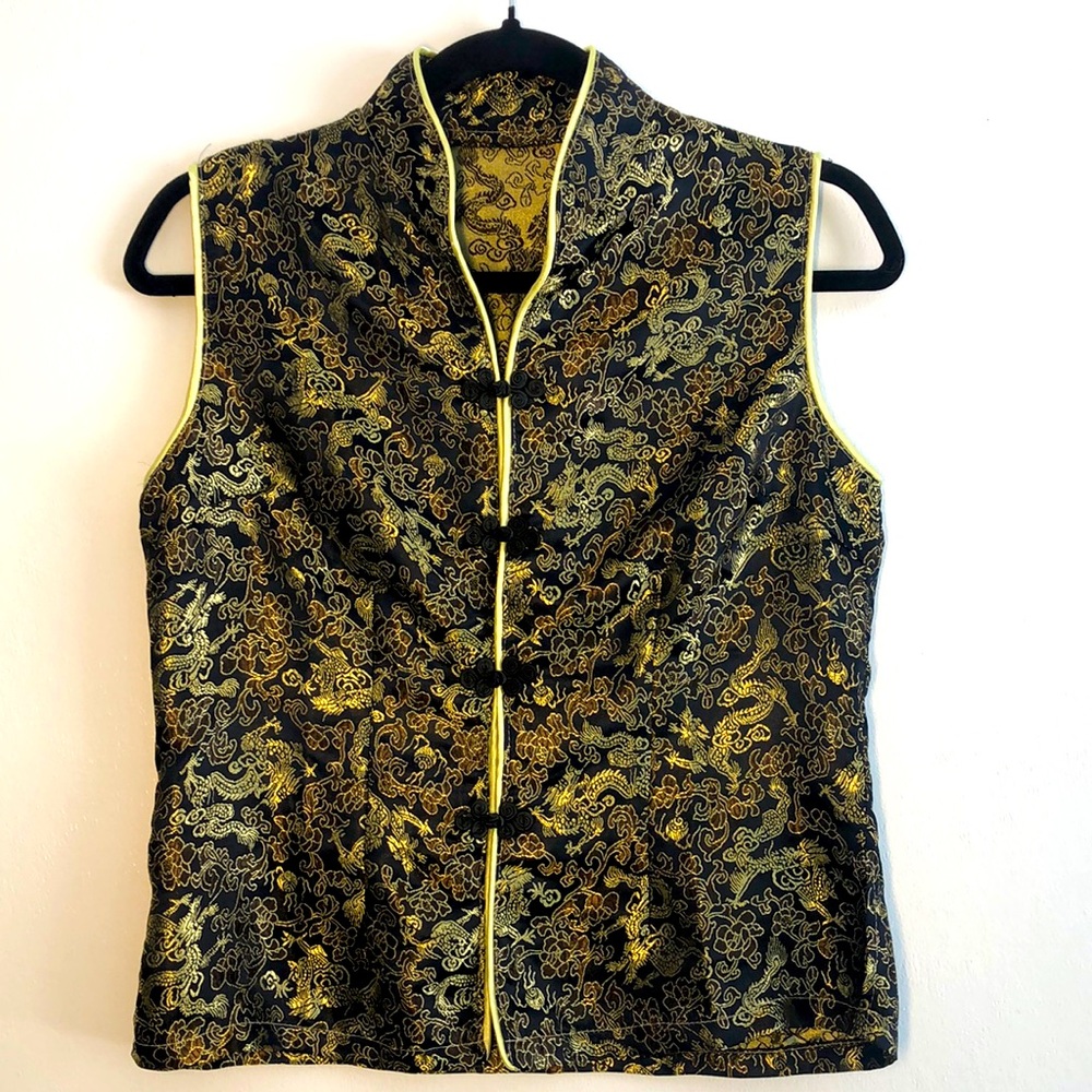 Mandarin Collar Womens Vest Y2K Green Gold Size Medium Embroidered Metallic